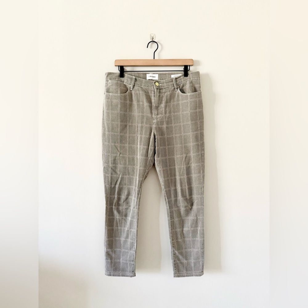 Frame Le High Skinny Crop Trouser in Brown Cream Red Window Panel Plaid Size 32